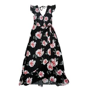 Band Of Gypsies Moody Floral Maxi Ruffle Cap Sleeve Wrap Dress Size M Coquette‎
